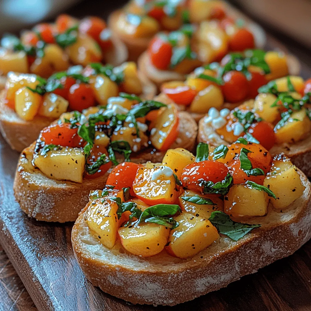 Die Hauptzutat dieser Bruschetta sind die reifen Pfirsiche. Pfirsiche sind nicht nur köstlich, sondern auch unglaublich vielseitig. Sie bringen eine süße und saftige Textur mit, die zusammen mit den anderen Zutaten eine harmonische Kombination ergibt. Wenn möglich, wählen Sie frische, saisonale Pfirsiche, da sie den besten Geschmack bieten. Achten Sie darauf, dass die Pfirsiche leicht druckempfindlich sind, wenn Sie sie auswählen – das ist ein Zeichen dafür, dass sie reif und saftig sind.