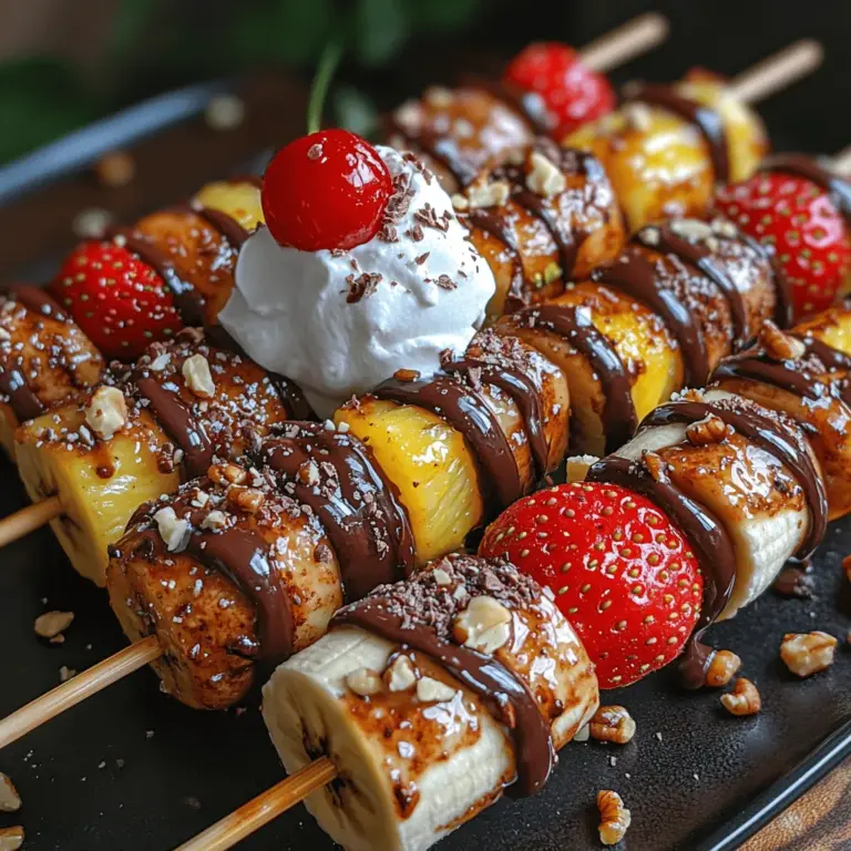 Um das Rezept für die Banana Split Dessert-Kabobs einfach nachvollziehbar zu machen, listen wir hier die benötigten Zutaten auf. Jede Zutat trägt zu Geschmack, Textur und dem Gesamterlebnis bei: