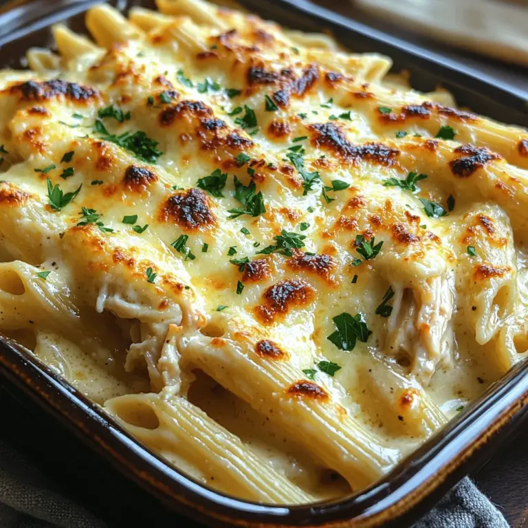Willkommen in der köstlichen Welt des „Cremigen, Gebackenen Hähnchen Alfredo Vergnügens“! Dieses Gericht vereint die herzhaften Aromen von Hähnchen und Pasta mit einer reichhaltigen, cremigen Alfredo-Sauce, die jedem Bissen eine unvergessliche Geschmacksexplosion verleiht. Die Kombination aus zartem Hähnchen, al dente Penne-Pasta und einer samtigen Käsesauce macht dieses Rezept zur perfekten Wahl für ein Familienessen, ein geselliges Beisammensein oder einfach nur, um sich selbst zu verwöhnen.