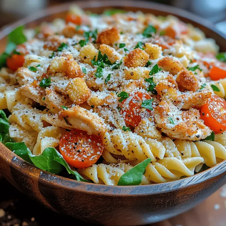 Crispy Chicken Caesar Pasta Salad ist eine köstliche und vielseitige Mahlzeit, die perfekt für warme Tage, Grillpartys oder als leichtes Mittagessen geeignet ist. Diese Rezeptkombination aus zartem Hähnchen, knackigem Salat und cremigem Caesar-Dressing macht diesen Salat zu einem echten Genuss. Er vereint die Aromen eines klassischen Caesar-Salats mit der herzhaften Fülle von Pasta und bietet eine ausgewogene Mischung aus Texturen und Geschmäckern.