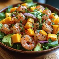 Der tropische Mango-Garnelen-Avocado-Salat ist nicht nur ein Fest für die Augen, sondern auch ein Gaumenschmaus, der die Aromen des Sommers in eine Schüssel bringt. Dieser Salat vereint die süße Frische saftiger Mangos mit der zarten Textur von Garnelen und der cremigen Konsistenz von Avocado, was ihn zu einem idealen Gericht für warme Tage macht. Ob als leichtes Mittagessen, als erfrischende Beilage oder als elegante Vorspeise bei besonderen Anlässen – dieser Salat wird sicherlich die Herzen und Gaumen Ihrer Gäste erfreuen.