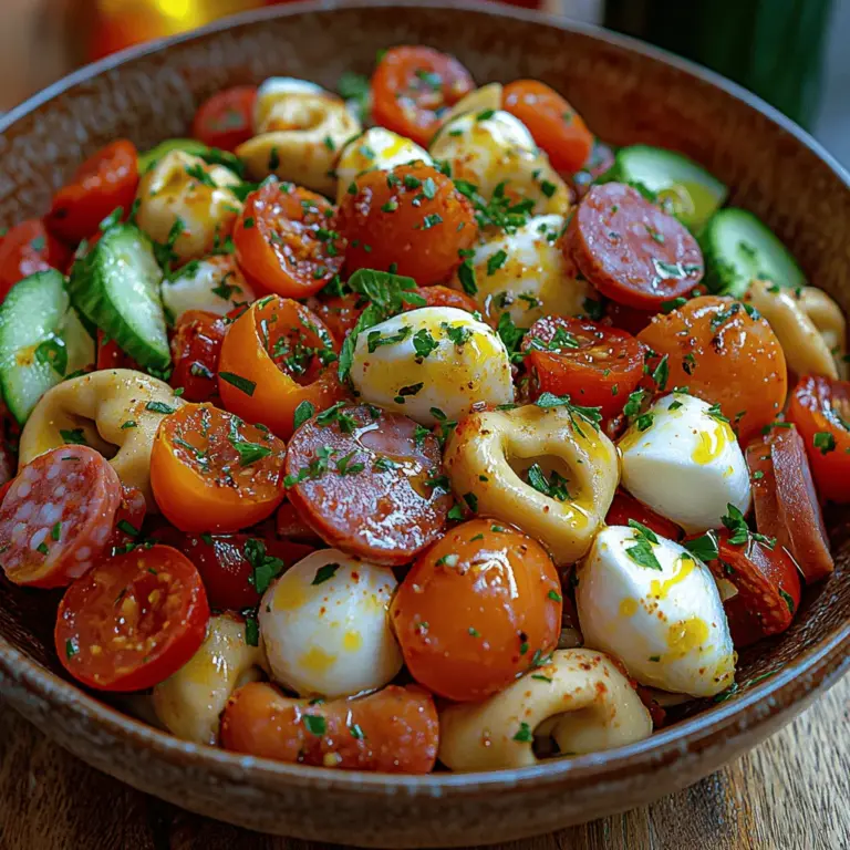 Der Antipasto Tortellini-Pasta-Salat ist ein wahres Highlight der italienischen Küche, das sowohl optisch als auch geschmacklich begeistert. Dieses Gericht vereint die besten Zutaten der mediterranen Esskultur in einer bunten und einladenden Salatform. Die Kombination aus zarten Käse-Tortellini, frischem Gemüse, herzhaften Wurstwaren und aromatischen Kräutern macht diesen Salat nicht nur zu einem Gaumenschmaus, sondern auch zu einer idealen Wahl für jede Gelegenheit. Ob für ein geselliges Beisammensein, ein Grillfest im Freien oder als leichtes Mittagessen – dieser Tortellini-Pasta-Salat bringt italienisches Flair auf den Tisch.