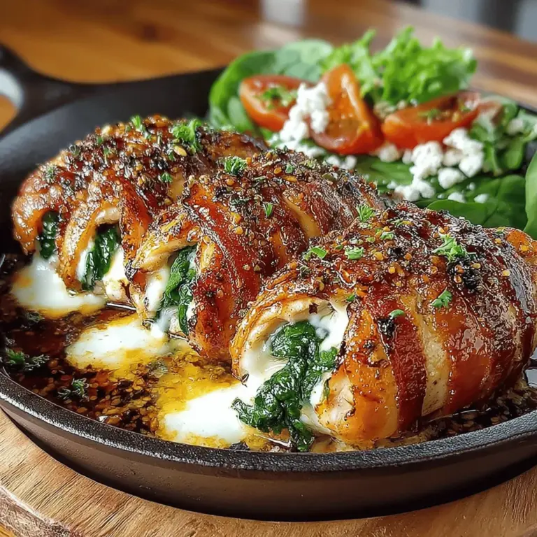 Das Bacon-Wrapped Mozzarella Stuffed Chicken ist ein Gericht, das die Herzen vieler Feinschmecker im Sturm erobert hat. Es vereint die saftige Textur von Hähnchenbrust mit dem geschmolzenen, cremigen Geschmack von Mozzarella und der knusprigen Umhüllung von Speck. Diese Kombination macht das Rezept nicht nur zu einem kulinarischen Hochgenuss, sondern auch zu einem optischen Highlight auf jedem Esstisch. Ursprünglich aus der amerikanischen Küche stammend, hat dieses Gericht schnell seinen Platz in den Herzen von Kochliebhabern weltweit gefunden.