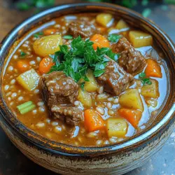 Willkommen zu einem Gericht, das nicht nur den Magen füllt, sondern auch das Herz erwärmt – der langsam gekochte Rindfleisch- und Gersten-Eintopf. Dieses Rezept kombiniert zartes, saftiges Rindfleisch mit nahrhafter Perlgerste und einer Vielzahl von frischem Gemüse, um ein schmackhaftes und herzhaftes Gericht zu schaffen, das perfekt für kalte Tage ist. Die langsame Kochmethode sorgt dafür, dass sich die Aromen der Zutaten voll entfalten und das Fleisch butterzart wird.