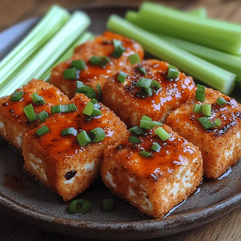 Die Würzigen Crunch: Knusprigen Buffalo-Tofu-Nuggets sind nicht nur ein Genuss für den Gaumen, sondern auch eine hervorragende pflanzliche Alternative zu herkömmlichen Chicken Nuggets. Diese köstlichen Nuggets sind außen knusprig und innen wunderbar zart, perfekt für ein schnelles Mittagessen, als Snack für zwischendurch oder als herzhaftes Partygericht. Die Kombination aus würziger Buffalo-Sauce und dem knackigen Panko-Mantel sorgt für ein unvergleichliches Geschmackserlebnis, das selbst Nicht-Veganer überzeugen wird.