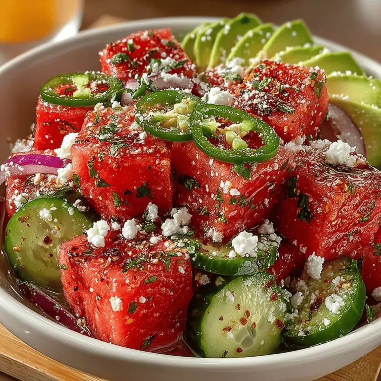 Der Zesty Chili Lime Wassermelonen-Salat ist die perfekte erfrischende Beilage für heiße Sommertage, Grillabende oder als leichtes Mittagessen. Mit seiner Kombination aus süßer, saftiger Wassermelone, knackiger Gurke und dem würzigen Kick von Jalapeños ist dieser Salat nicht nur ein Genuss für die Geschmacksnerven, sondern auch ein Fest für die Sinne.